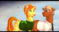 Size: 4092x2245 | Tagged: safe, artist:royvdhel-art, oc, oc only, oc:copper coin, oc:sunny day, earth pony, pony, unicorn, :p, clothes, earth pony oc, horn, necktie, tongue out, unicorn oc