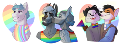 Size: 4909x1845 | Tagged: safe, artist:royvdhel-art, oc, oc only, earth pony, fox, pony, anthro, anthro with ponies, bust, clothes, gay pride flag, grin, kissing, male, pride, pride flag, scarf, smiling