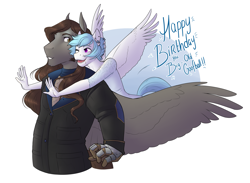 Size: 3889x2841 | Tagged: safe, artist:royvdhel-art, oc, pegasus, anthro, clothes, duo, happy birthday, high res, hug, hug from behind, pegasus oc, smiling, talking, wings