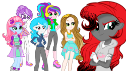 Size: 1404x788 | Tagged: safe, artist:gihhbloonde, oc, equestria girls, g4, base used, clothes, eyelashes, female, gloves, group, hand on hip, high heels, pants, shoes, simple background, skirt, smiling, smirk, transparent background