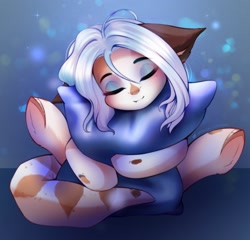 Size: 2087x2000 | Tagged: oc name needed, safe, artist:shavurrr, oc, oc only, earth pony, pony, abstract background, coat markings, commission, eyes closed, eyeshadow, floppy ears, high res, hug, makeup, pillow, pillow hug, solo, spread legs, spreading, underhoof, white mane