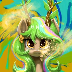 Size: 1280x1280 | Tagged: oc name needed, safe, artist:tinybenz, oc, oc only, ambiguous species, pony, :3, abstract background, bust, cracks, eyelashes, flower, flower in hair, horns, looking at you, multicolored mane, portrait, solo, yellow coat, yellow eyes
