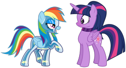Size: 9728x5295 | Tagged: safe, artist:severity-gray, rainbow dash, twilight sparkle, alicorn, pegasus, pony, g4, alternate hairstyle, bedroom eyes, blushing, choker, clothes, collar, duo, eyeshadow, female, latex, latex suit, lesbian, looking at each other, looking at someone, makeup, open mouth, open smile, ponytail, raised hoof, ship:twidash, shipping, smiling, twilight sparkle (alicorn), uniform, wonderbolts uniform