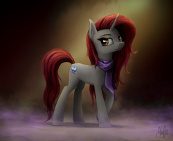 Size: 3300x2700 | Tagged: safe, artist:magfen, oc, oc only, oc:obsidian, pony, unicorn, clothes, commission, commissioner:randimaxis, ear fluff, eyebrows, eyelashes, fanart, fanfic art, female, gray coat, high res, horn, mare, orange eyes, scarf, side view, signature, solo, unicorn oc
