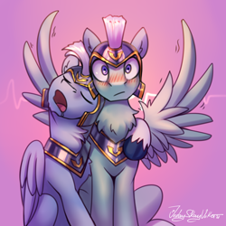Size: 3000x3000 | Tagged: safe, artist:jedayskayvoker, thunder flap, zoom zephyrwing, pegasus, pony, g5, my little pony: a new generation, armor, armored pony, blushing, chest fluff, colored, colored sketch, confused, female to male, fluffy, full color, gay, gradient background, guard, guardian, half r63 shipping, high res, male, mistaken gender, pegasus royal guard, royal guard, rule 63, shaking, ship:zoomthunder, shipping, sketch, sleeping, spread wings, stallion, unshorn fetlocks, wingboner, wings