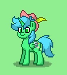 Size: 251x278 | Tagged: safe, oc, oc only, oc:forest waves, alicorn, pony, pony town, alicorn oc, blue mane, blue tail, folded wings, full body, green background, green eyes, hat, horn, shadow, simple background, smiling, solo, standing, tail, wings