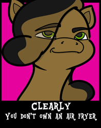 Size: 1501x1907 | Tagged: safe, artist:botckap, oc, oc only, oc:dust ball, earth pony, pony, g5, my little pony: a new generation, caption, female, image macro, meme, simple background, solo, text