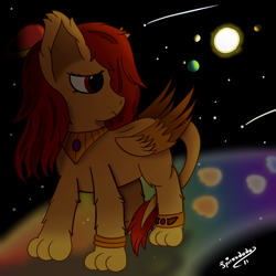 Size: 2000x2000 | Tagged: safe, artist:spiroudada, oc, sphinx, bridge, commission, female, high res, jewels, planet, rainbow, sad, space, sun