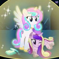 Size: 2000x2000 | Tagged: safe, artist:lovinglypromise, princess cadance, oc, oc:lovely promise, alicorn, pony, g4, alicorn oc, broken, child, crystal heart, crystal heart broken, daughter, female, glowing, glowing horn, high res, horn, injured, magic, mother, mother and child, mother and daughter, not flurry heart, one eye closed, protecting, spread wings, wings