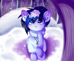 Size: 1024x843 | Tagged: safe, artist:yourboicloudx, oc, oc only, oc:cloudy storm, pegasus, pony, clothes, ear piercing, earring, female, hat, jewelry, lying down, necklace, pegasus oc, piercing, prone, scarf, snow, solo