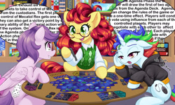 Size: 1920x1163 | Tagged: safe, artist:dstears, oc, oc only, oc:victory point, earth pony, pegasus, pony, unicorn, board game, bored, clothes, earth pony oc, gloomhaven, horn, nerds, pandemic, pegasus oc, rules, speech bubble, sweater, trio, twilight imperium, unicorn oc, vest