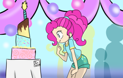 Size: 4564x2900 | Tagged: safe, artist:ginmay, pinkie pie, human, g4, cake, candle, clothes, female, food, high res, humanized, shorts, solo