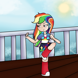 Size: 4000x4000 | Tagged: safe, artist:ginmay, rainbow dash, human, g4, absurd resolution, clothes, female, humanized, martial arts, solo, standing, standing on one leg