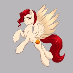 Size: 4000x4000 | Tagged: safe, artist:rand-dums, oc, oc only, oc:dusk feather, pegasus, pony, female, flying, gray background, pegasus oc, simple background, smiling, solo, spread wings, wings