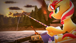 Size: 3840x2160 | Tagged: safe, artist:nebby14, sunset shimmer, pony, unicorn, g4, 3d, 4k, boombox, female, fishing, fishing rod, forest, guitar, high res, mare, musical instrument, poster, solo, source filmmaker, sunset, tree, water