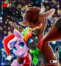 Size: 5300x5700 | Tagged: dead source, oc name needed, safe, artist:rainbowfire, oc, oc only, bull, pegasus, pony, unicorn, camera shot, clothes, cute, fake horns, female, holiday, hug, male, mare, new year, red eyes, scarf, snow, stallion, winter outfit