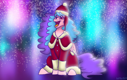 Size: 3613x2289 | Tagged: safe, artist:bella-pink-savage, oc, oc only, oc:bella pinksavage, pegasus, pony, christmas, clothes, costume, female, high res, holiday, open mouth, pegasus oc, santa costume, singing, solo