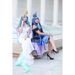 Size: 1080x1080 | Tagged: safe, princess celestia, princess luna, human, g4, clothes, cosplay, costume, crossed legs, dress, duo, high heels, irl, irl human, photo, royal sisters, shoes, siblings, sisters, sitting