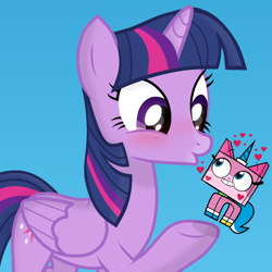 Size: 1080x1080 | Tagged: safe, artist:grapefruit-face, twilight sparkle, alicorn, cat, pony, unicorn, g4, base used, blowing a kiss, carla castañeda, happy, heart, lego, looking at each other, looking at someone, show accurate, simple background, tara strong, twilight sparkle (alicorn), underhoof, unikitty, unikitty!, voice actor joke