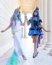 Size: 1080x1350 | Tagged: safe, princess celestia, princess luna, human, g4, clothes, cosplay, costume, dark skin, dress, duo, high heels, irl, irl human, photo, royal sisters, shoes, siblings, sisters