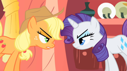 Size: 1920x1080 | Tagged: safe, screencap, applejack, rarity, earth pony, pony, unicorn, g4, look before you sleep, season 1, angry, cowboy hat, duo, female, fight, golden oaks library, hat, hind legs, legs together, mare, nose wrinkle, stetson