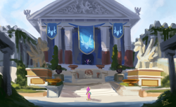 Size: 2820x1727 | Tagged: safe, artist:elisdoominika, pipp petals, sunny starscout, earth pony, pegasus, pony, g5, my little pony: a new generation, ancient, ancient greece, building, female, flag, mare, scenery, sketch, sky, stairs, statue, temple