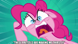 Size: 1280x720 | Tagged: safe, edit, edited screencap, screencap, pinkie pie, earth pony, pony, g4, pinkie pride, angry, faic, food, pinkie pie is not amused, pretzel, seinfeld, thirsty, unamused, yelling, youtube link