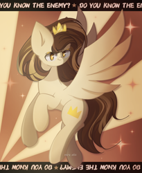 Size: 1800x2200 | Tagged: safe, artist:miryelis, oc, oc only, oc:prince whateverer, pegasus, pony, crown, flying, jewelry, looking at you, poster, regalia, smiling, smiling at you, solo, song reference, text