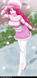 Size: 479x1000 | Tagged: safe, artist:clouddg, pinkie pie, equestria girls, g4, boots, breasts, busty pinkie pie, clothes, female, hat, high heel boots, looking at you, multiple variants, open mouth, questionable source, shirt, shoes, skirt, smiling, smiling at you, snow, snowfall, socks, solo, stockings, striped sweater, sweater, thigh highs