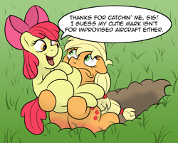 Size: 1823x1475 | Tagged: safe, artist:doodledonutart, apple bloom, applejack, earth pony, pony, g4, apple sisters, blank flank, catching, comic, dialogue, female, filly, floppy ears, grass, mare, open mouth, open smile, siblings, sisters, smiling, speech bubble