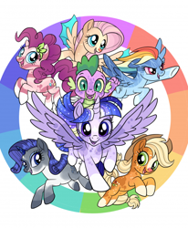 Size: 494x600 | Tagged: safe, artist:cactiflowers, applejack, fluttershy, pinkie pie, rainbow dash, rarity, spike, twilight sparkle, alicorn, hybrid, pony, g4, alternate design, color wheel, female, lightning pattern, mane seven, mane six, twilight sparkle (alicorn)