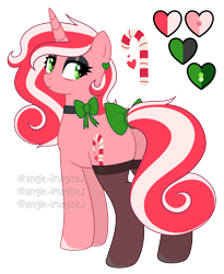 Size: 2524x3076 | Tagged: safe, artist:angie imagines, oc, oc only, oc:peppy revvy, pony, unicorn, bags under eyes, bow, butt, candy, candy cane, choker, clothes, ear piercing, earring, eyeshadow, female, food, heart, high res, jewelry, makeup, mare, multicolored hair, piercing, plot, reference sheet, simple background, socks, solo, stockings, thigh highs, transparent background