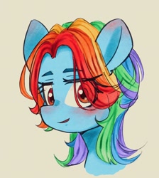 Size: 1212x1352 | Tagged: safe, artist:veryjelly123, rainbow dash, pegasus, pony, g4, alternate hairstyle, blushing, bust, ear blush, eye clipping through hair, eyebrows, female, mare, multicolored hair, multicolored mane, palindrome get, portrait, rainbow hair, simple background, solo, wrong eye color