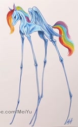 Size: 634x1031 | Tagged: safe, artist:meiyu, part of a set, rainbow dash, pegasus, pony, g4, alternate design, creepy, impossibly long legs, lanky, salvador dalí, skinny, style emulation, stylized, tall, thin, thin legs, traditional art, watermark