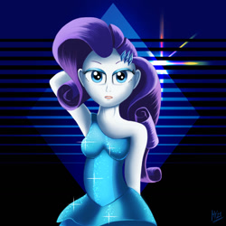 Size: 1280x1280 | Tagged: safe, artist:jphyperx, rarity, equestria girls, bedroom eyes, clothes, dress, fall formal outfits, female, lipstick, pose, retrowave, sexy, shiny, solo, sparkles, synthwave