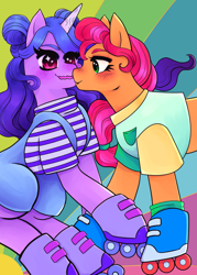 Size: 3000x4200 | Tagged: safe, artist:reallycoykoifish, izzy moonbow, sunny starscout, earth pony, pony, unicorn, g5, my little pony: a new generation, spoiler:my little pony: a new generation, female, izzyscout, kissing, lesbian, mare, rainbow, shipping, skating