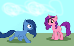 Size: 1920x1200 | Tagged: safe, artist:nitlynjane, oc, oc only, oc:eyepatch, oc:susy apple, oc:suzanne de los ponies applesauce, earth pony, pony, unicorn, 1000 hours in ms paint, eyepatch, female, grin, looking at each other, looking at someone, mare, missing cutie mark, no cutie marks because im lazy, running, smiling