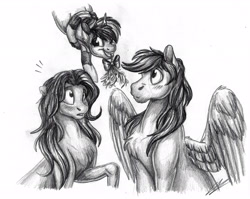 Size: 2674x2130 | Tagged: safe, artist:lupiarts, oc, oc only, earth pony, pegasus, pony, unicorn, chest fluff, high res, mistletoe, traditional art