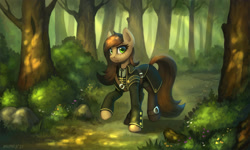 Size: 1600x960 | Tagged: safe, artist:asimos, oc, oc only, earth pony, pony, clothes, commission, earth pony oc, female, forest, grass, green eyes, mare, raised hoof, rock, scenery, solo, tree, walking