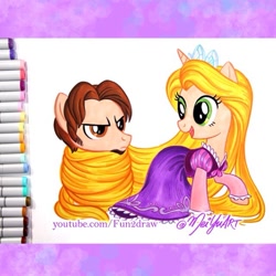 Size: 640x640 | Tagged: safe, artist:meiyu, artist:meiyuart, pony, unicorn, better source needed, clothes, disney, dress, duo, female, flynn rider, frown, jewelry, male, mare, ponified, raised hoof, rapunzel, smiling, stallion, tangled (disney), tiara, traditional art, wrapped up