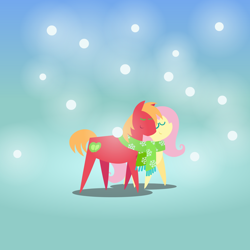 Size: 2160x2160 | Tagged: safe, anonymous artist, big macintosh, fluttershy, earth pony, pegasus, pony, series:fm holidays, series:hearth's warming advent calendar 2021, g4, advent calendar, christmas, clothes, eyes closed, female, high res, holiday, lineless, male, mare, pointy ponies, scarf, shared clothing, shared scarf, ship:fluttermac, shipping, snow, snowfall, stallion, straight, walking