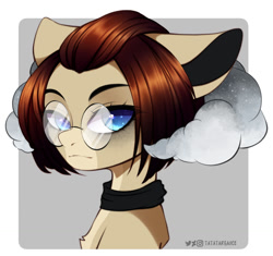 Size: 1500x1408 | Tagged: oc name needed, safe, artist:shavurrr, oc, oc only, pony, abstract background, bangs, big ears, blue eyes, brown mane, bust, chest fluff, clothes, cloud, colored pupils, commission, eyebrows, eyelashes, floppy ears, glasses, looking at you, out of frame, portrait, round glasses, shirtless shirt collar, signature, solo, two toned coat