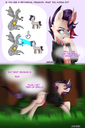 Size: 2000x3000 | Tagged: safe, artist:aakariu, oc, dragon, pony, unicorn, forest, high res, magic, male, mechanical, running, spells