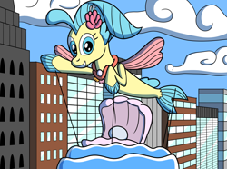 Size: 1280x953 | Tagged: safe, artist:sergeant16bit, princess skystar, seapony (g4), g4, my little pony: the movie, balloon, city, cityscape, clam, cloud, inanimate tf, parade balloon, parade float, pearl, string, transformation