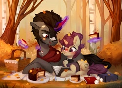 Size: 4096x2955 | Tagged: safe, artist:sofiko-ko, king sombra, oc, oc:lavrushka, pony, unicorn, g4, basket, book, cake, chest fluff, food, forest, leaves, picnic, smiling, tongue out, tree