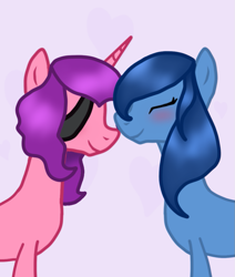 Size: 847x997 | Tagged: safe, artist:nitlynjane, oc, oc:eyepatch, oc:susy apple, oc:suzanne de los ponies applesauce, earth pony, pony, unicorn, blushing, female, heart, lesbian, oc x oc, shipping