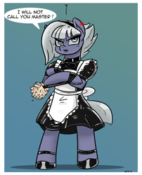 Size: 1742x2152 | Tagged: safe, artist:n-o-n, limestone pie, earth pony, pony, g4, bipedal, bubble, clothes, crossed arms, dress, duster, female, frilly, grumpy, latex, maid, mare, master, shoes, solo, talking