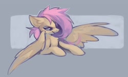 Size: 2288x1378 | Tagged: safe, artist:hioshiru, fluttershy, pegasus, pony, g4, ear fluff, female, lying down, mare, messy mane, prone, smiling, smirk, solo, spread wings, wing fluff, wings
