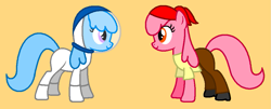 Size: 1027x413 | Tagged: safe, artist:sweetiebellegirl56, oc, oc:mary janes, oc:willie janes, earth pony, pony, g4, astronaut, bandana, black shoes, boots, clothes, costume, cute, duo, eye contact, female, helmet, looking at each other, mare, marybetes, orange background, pants, pirate, pirate boots, shirt, shoes, simple background, smiling, space helmet, spacesuit, williebetes, yellow shirt