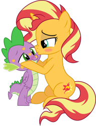 Size: 3738x4898 | Tagged: safe, artist:kingdark0001, hundreds of users filter this tag, spike, sunset shimmer, dragon, pony, unicorn, g4, blushing, covered in kisses, cute, duo, female, kiss mark, kissing, lipstick, male, romantic, ship:sunsetspike, shipping, simple background, straight, transparent background, winged spike, wings